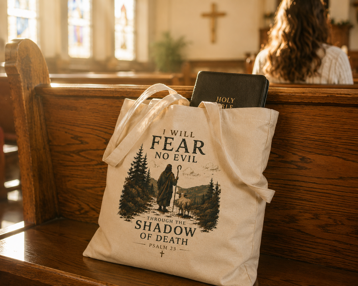 I Will Fear No Evil Christian Tote Bag | Psalm 23 Bible Study Bag | Scripture Tote | Church Bag | Christian Gift for Women | Faith-Based Canvas Tote