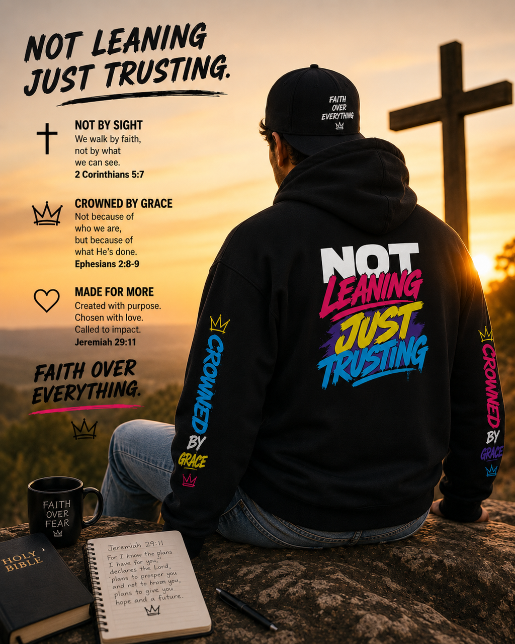 Not Leaning. Just Trusting. Christian Hoodie | Proverbs 3:5-6 Faith Hoodie | Streetwear Christian Apparel | Crowned by Grace