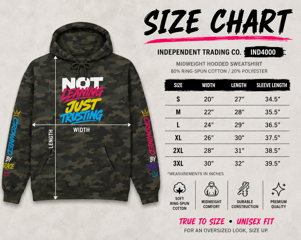 Not Leaning. Just Trusting. Christian Hoodie | Proverbs 3:5-6 Faith Hoodie | Streetwear Christian Apparel | Crowned by Grace