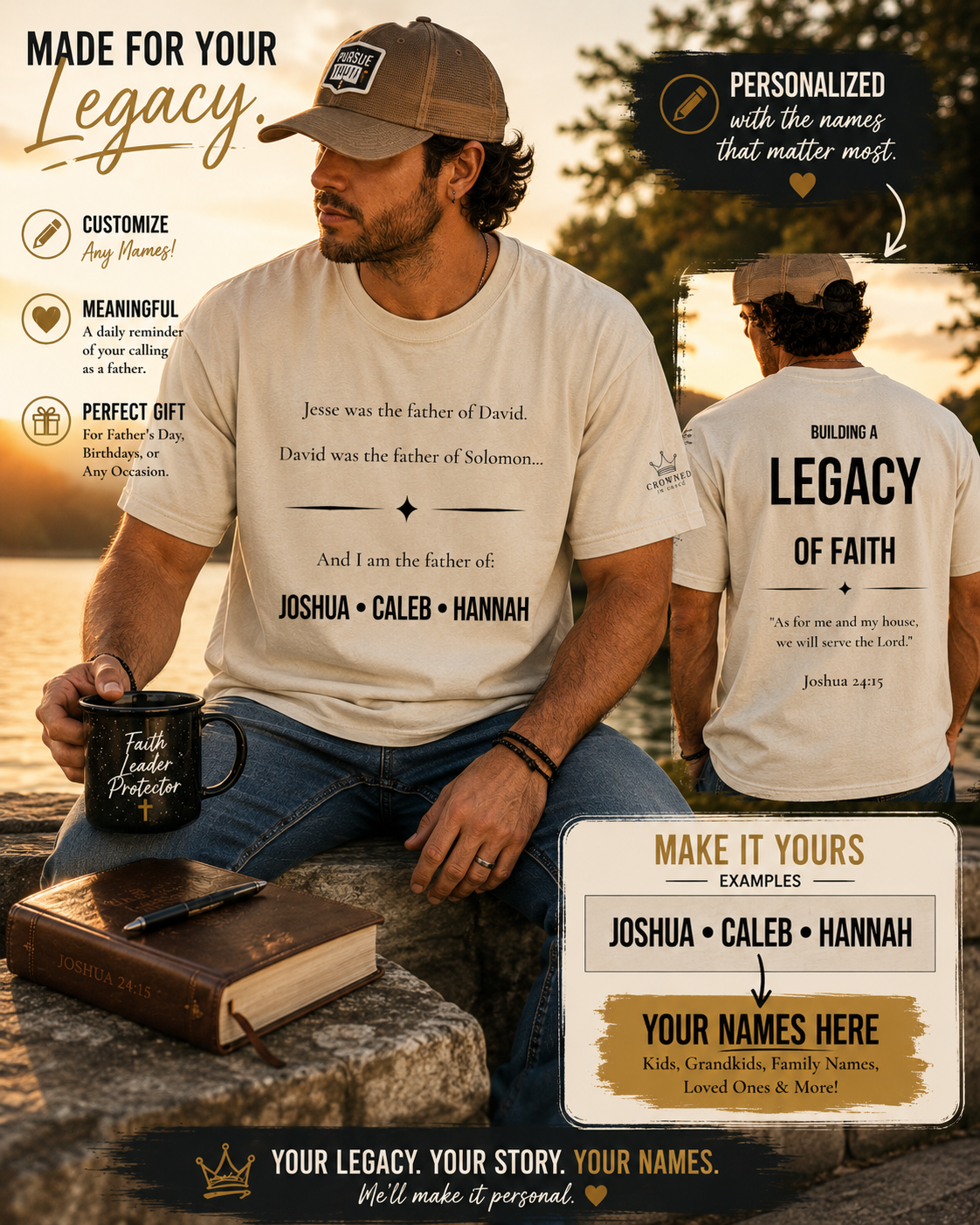 Building a Legacy of Faith Personalized Christian Father Shirt | Custom Dad Names Tee | Joshua 24:15 Faith-Based Father's Day Gift | Christian Dad Shirt