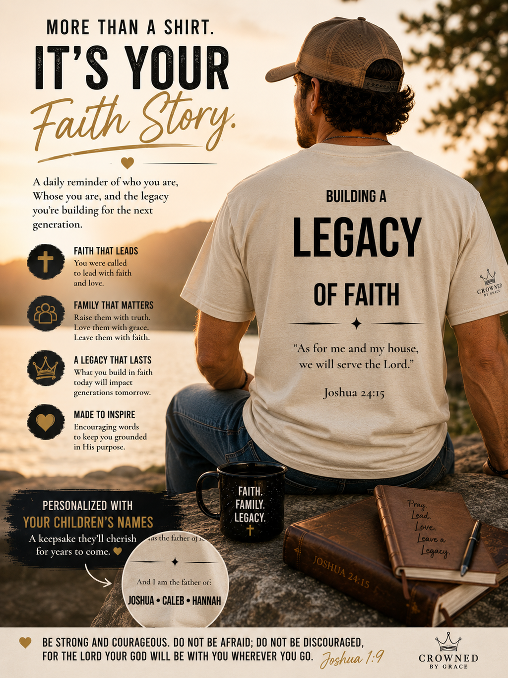 Building a Legacy of Faith Personalized Christian Father Shirt | Custom Dad Names Tee | Joshua 24:15 Faith-Based Father's Day Gift | Christian Dad Shirt